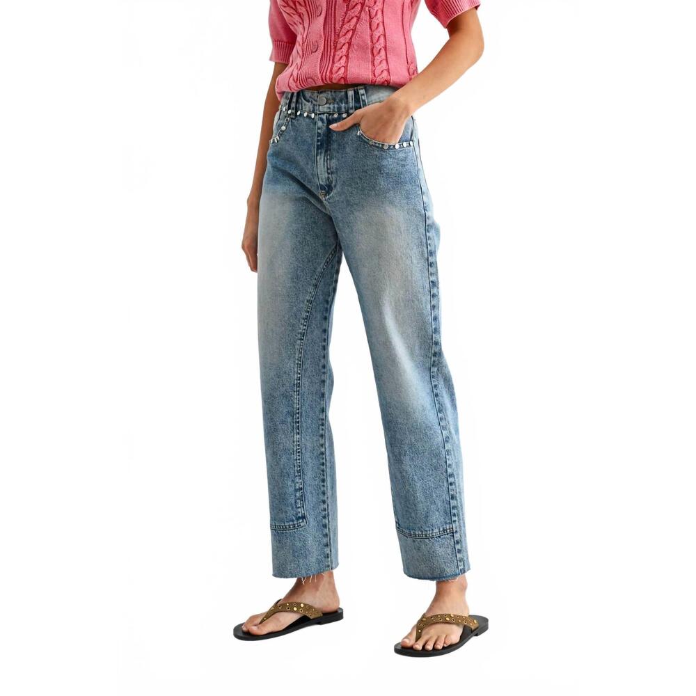NEW CAMELLIA studded high-waist straight-leg jeans in med washed - Picture 2 of 6